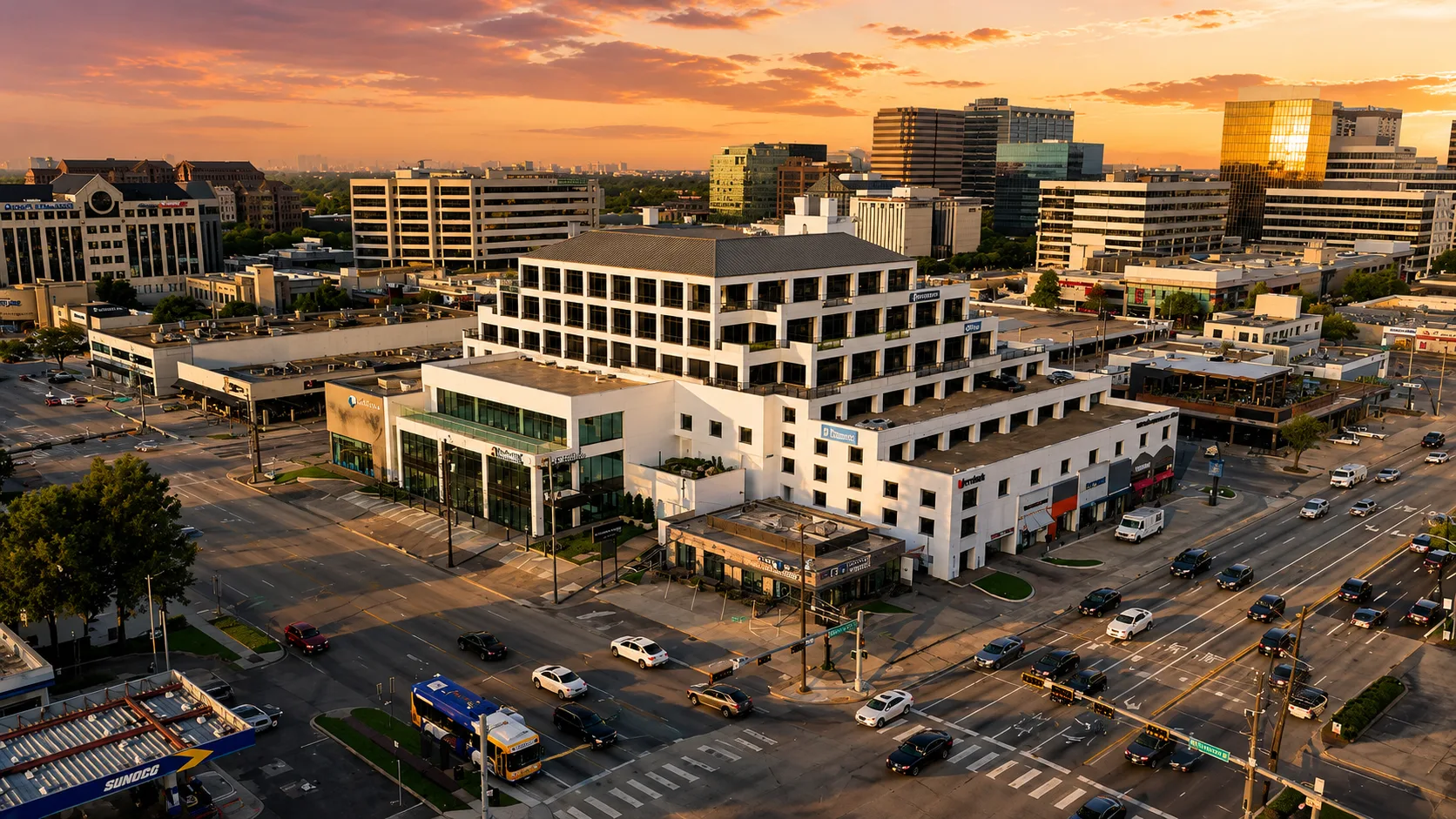 Aerial view over the Preston Center intersection at dusk